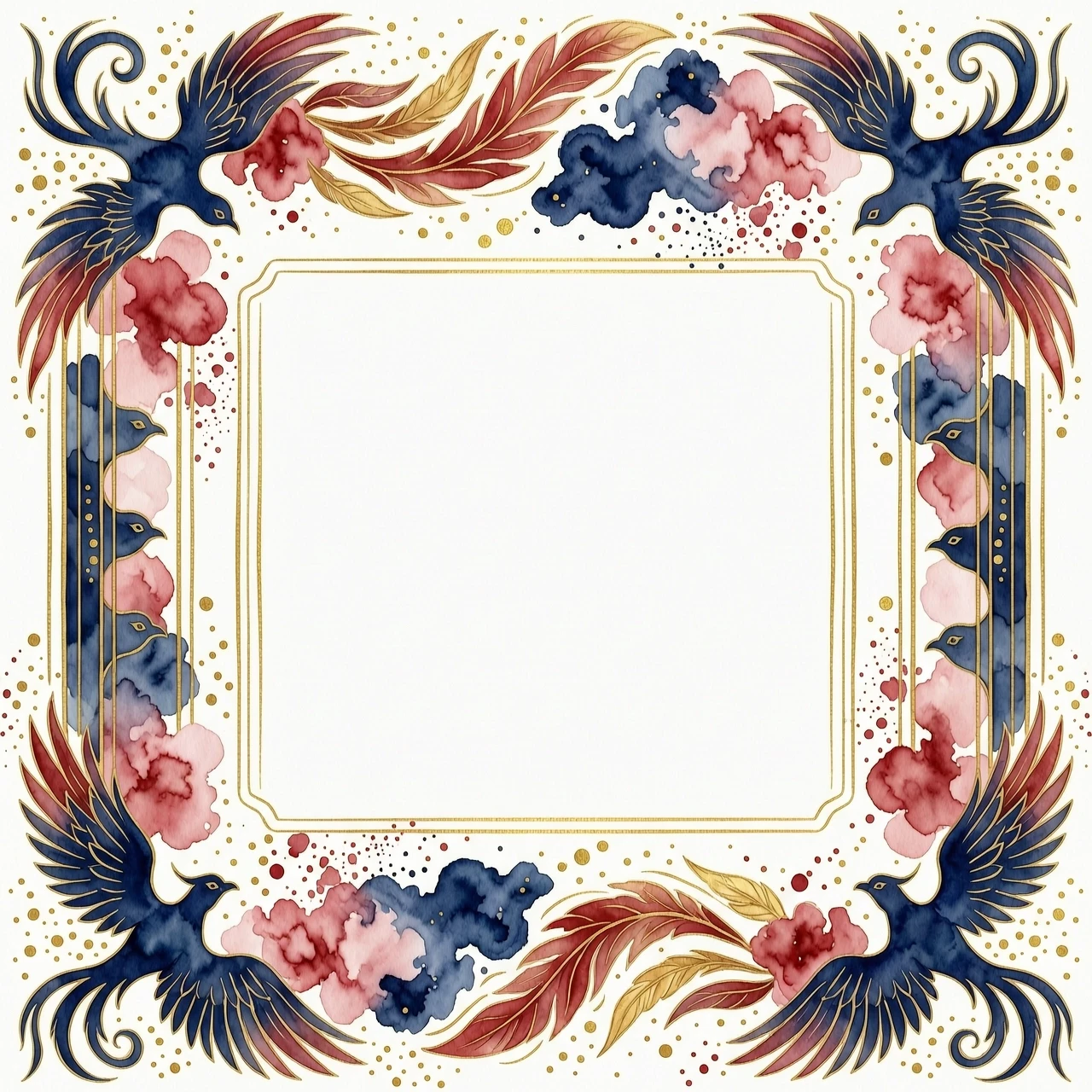 A beautiful watercolor border for a postcard, abstract firebird shape, soft red, gold and deep blue colors, artistic paint splashes, delicate gold lines, empty center for text,…