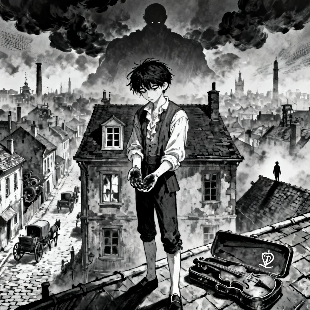 Black and white Japanese manga novel cover, dark supernatural mystery, psychological mystery, seinen manga aesthetic. A young male protagonist standing alone on the rooftop of…