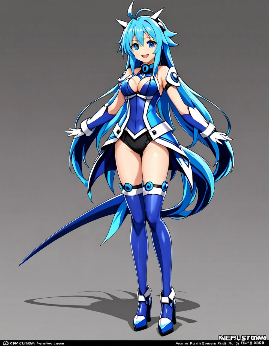 suit Smile Spiral, Neptunia-woman, full height, blue storm top, character sheet, Grey background — работа пользователя Новаторская Симметрия