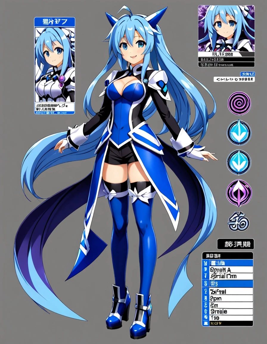 suit Smile Spiral, Neptunia-woman, full height, blue storm top, character sheet, Grey background — работа пользователя Новаторская Симметрия