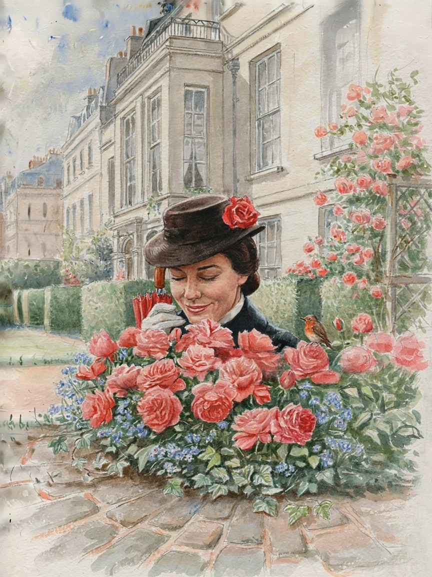 A masterpiece. Creating an image. The style is watercolor painting. Delicate watercolor on raw.((Mary Poppins, in a hat and with an umbrella, sniffs roses in a flower bed,…