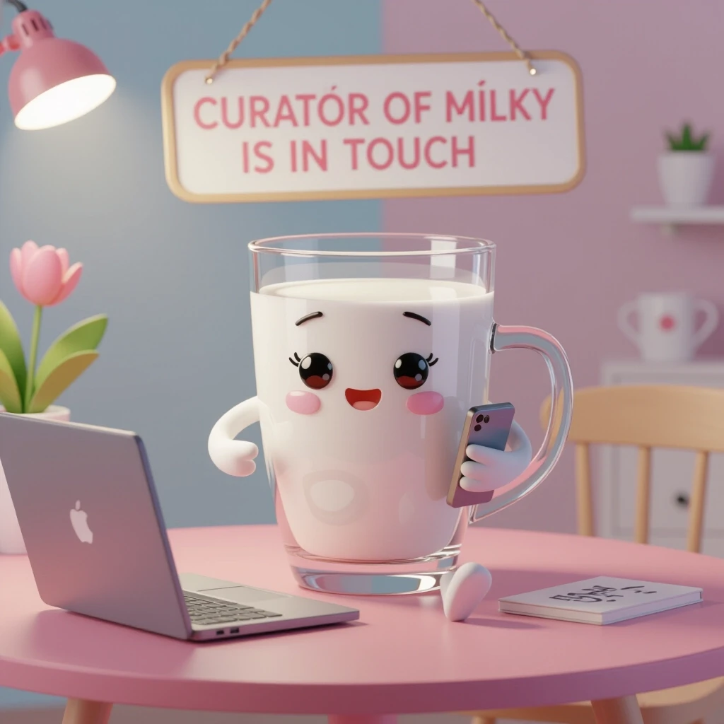3D render, Pixar-style cartoon, a clear glass filled with white milk, the glass has cute arms and legs, no eyes, sitting at a table. On the table is a laptop. The glass is…