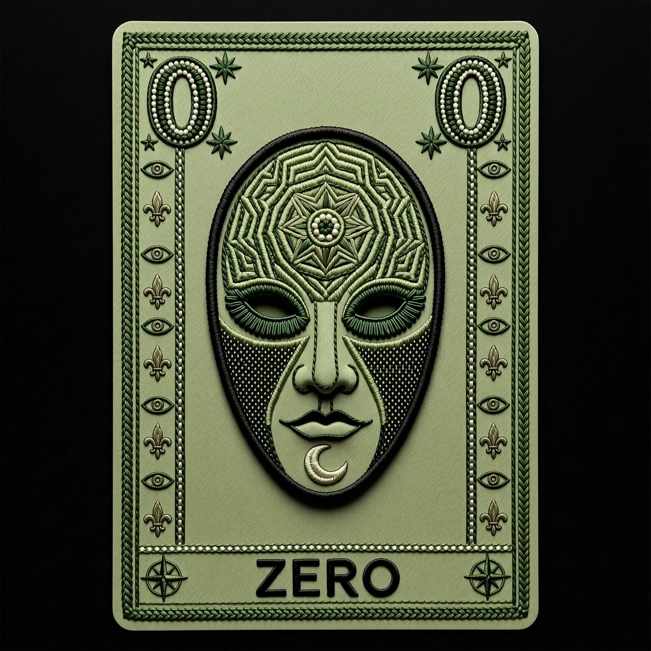 Vertical rectangular tarot card design, "The Fool" archetype, minimalist silhouette of a Pierrot mask centered, mystical esoteric aesthetic. In the upper corners, the…