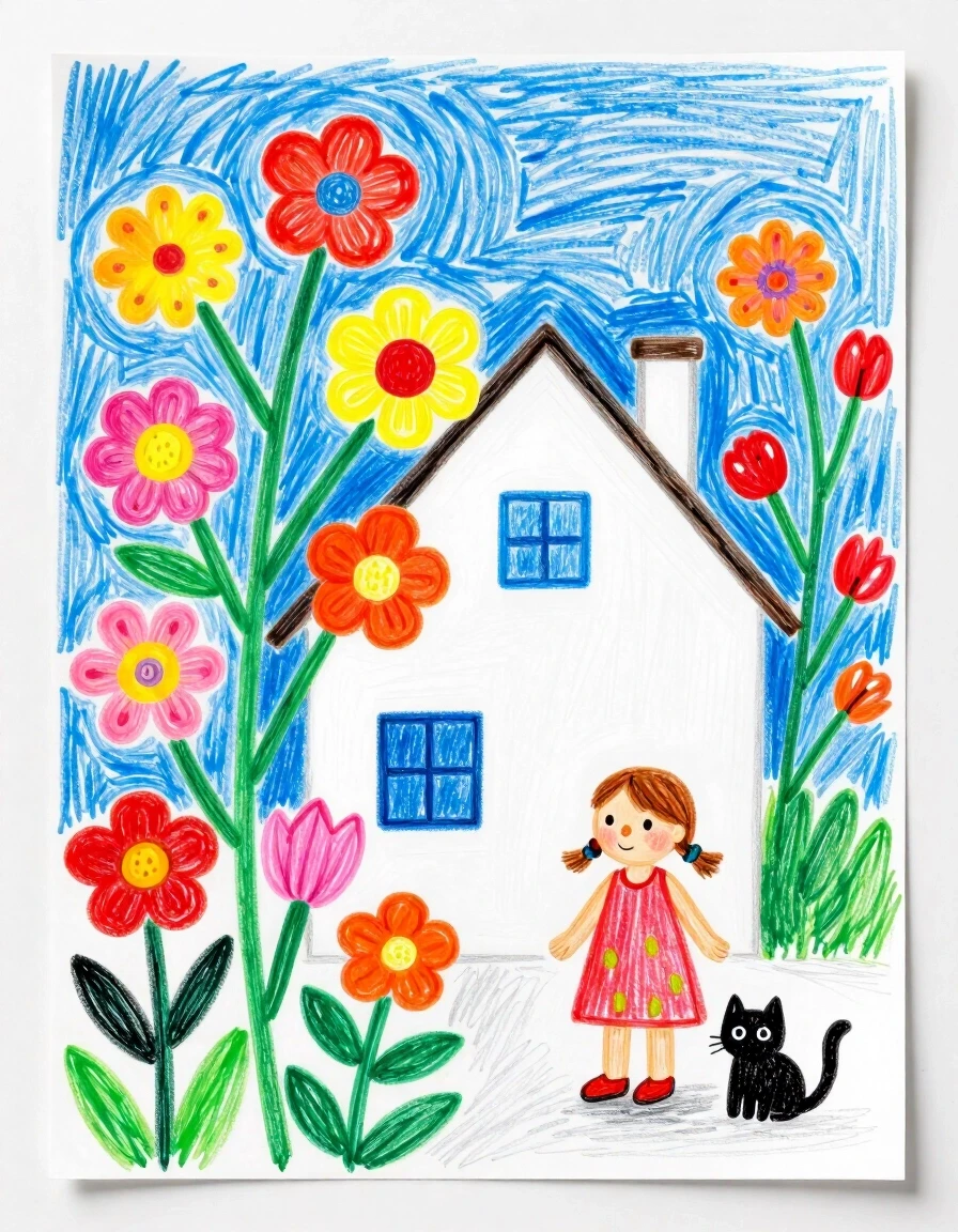 A masterpiece. Creating an image. ((The style is naive graphics in colored pencils. children's drawing of flowers, a house, summer, blue sky, a little girl and a cat:1,6)).…