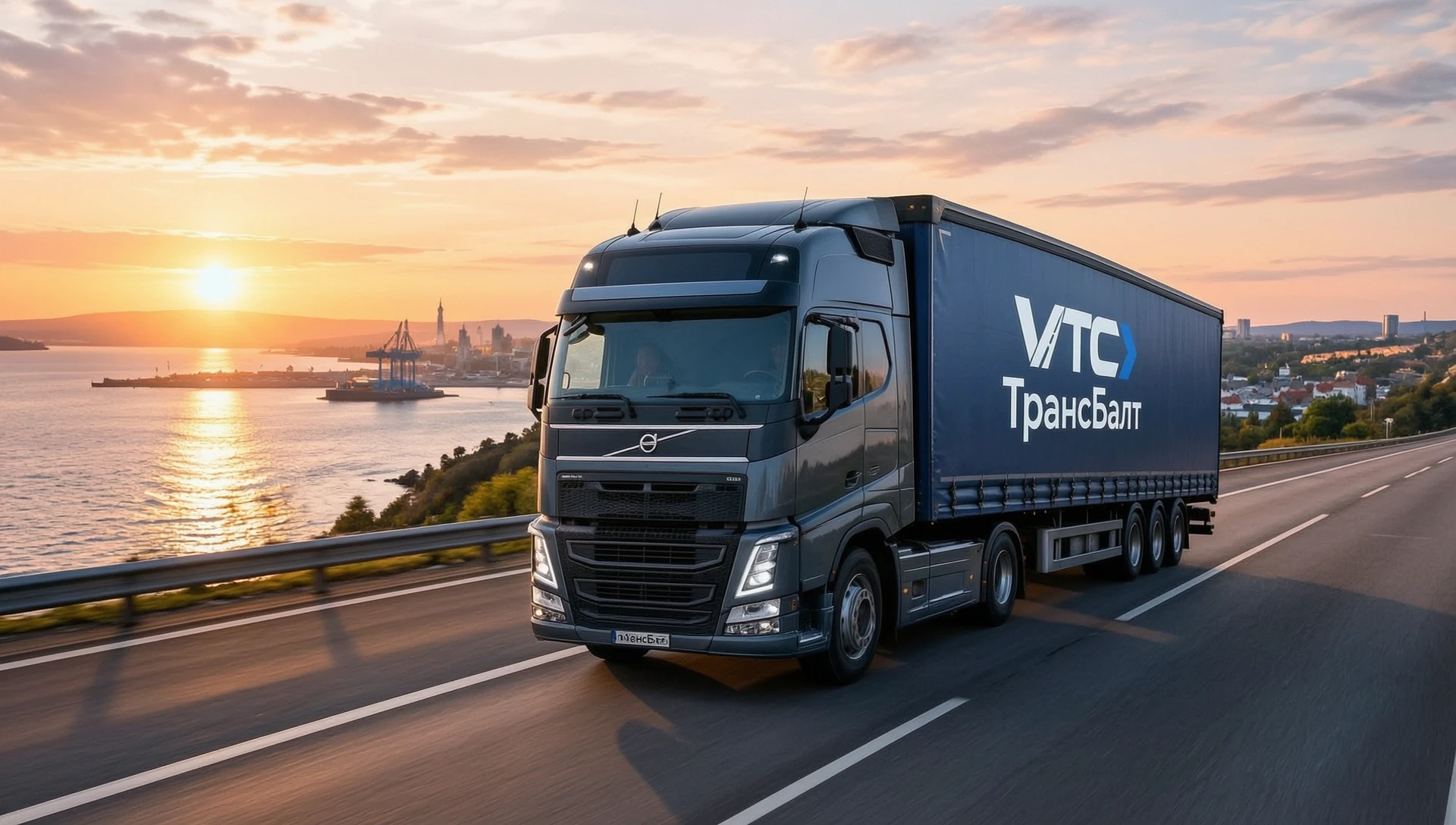 Обложка для вк группы VTC ТрансБалт Реалистичная рекламная фотография современного грузового автомобиля Volvo в темно-сером цвете, который уверенно движется по скоростной…