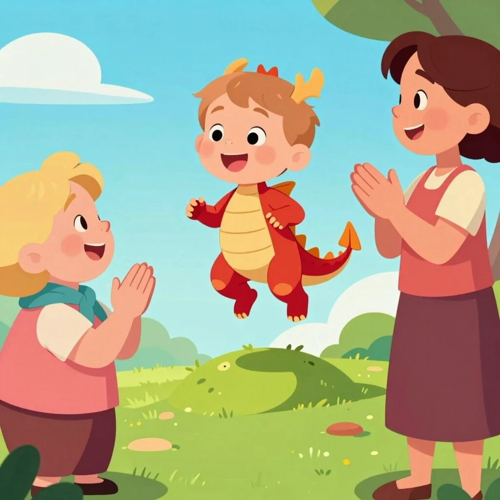 Cartoon scene: a little dragon sits on the shoulder of a Caucasian toddler with light brown hair, they jump together over a small soft bump. Nearby a Caucasian grandmother with…