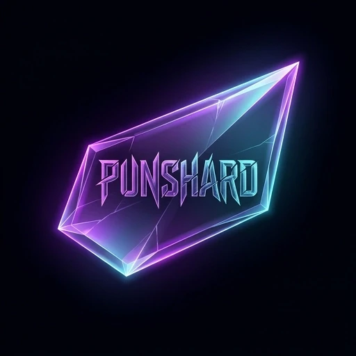 Minimalist vector logo design, a single sharp glass shard floating in a void, the word "PunShard" etched into the crystalline surface using a deconstructed brutalist…