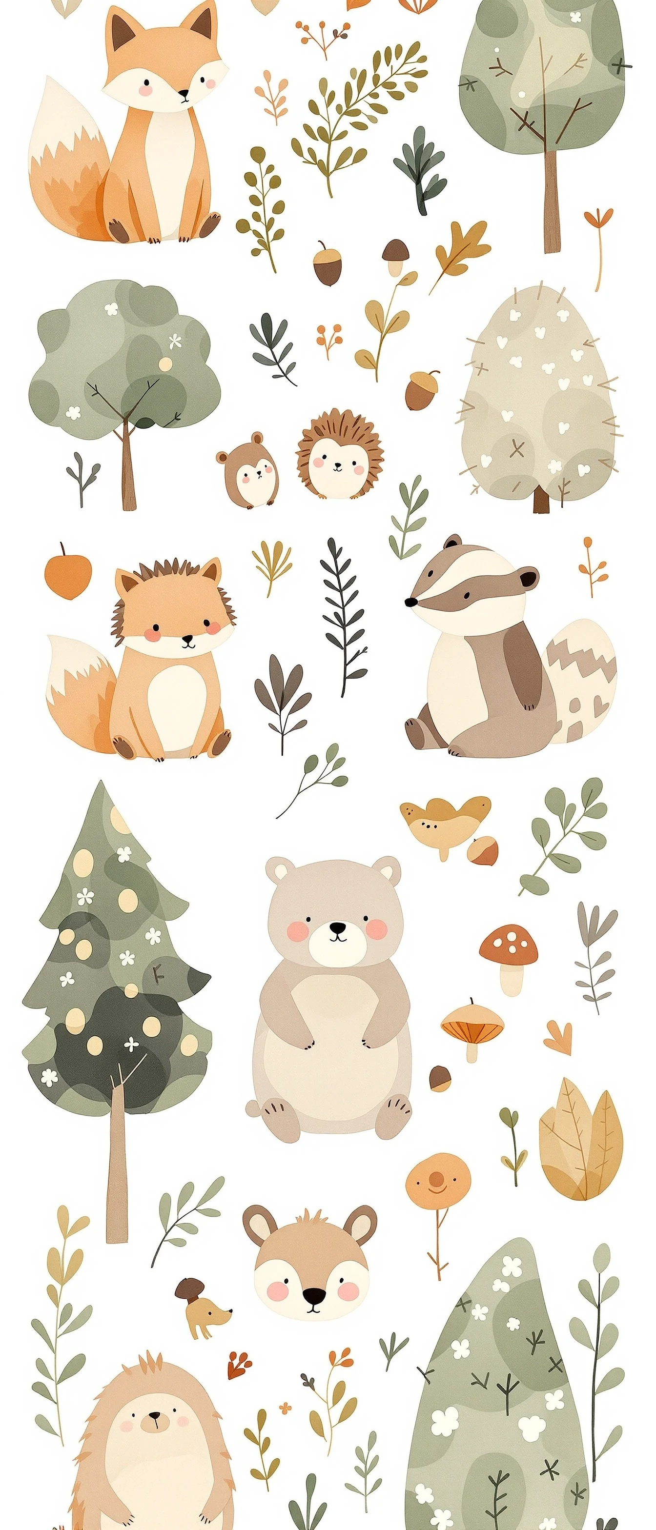 A delightful and naive children's book clipart set sheet, featuring sweet, quirky woodland animal babies and simple forest elements in the classic watercolor-and-ink style…