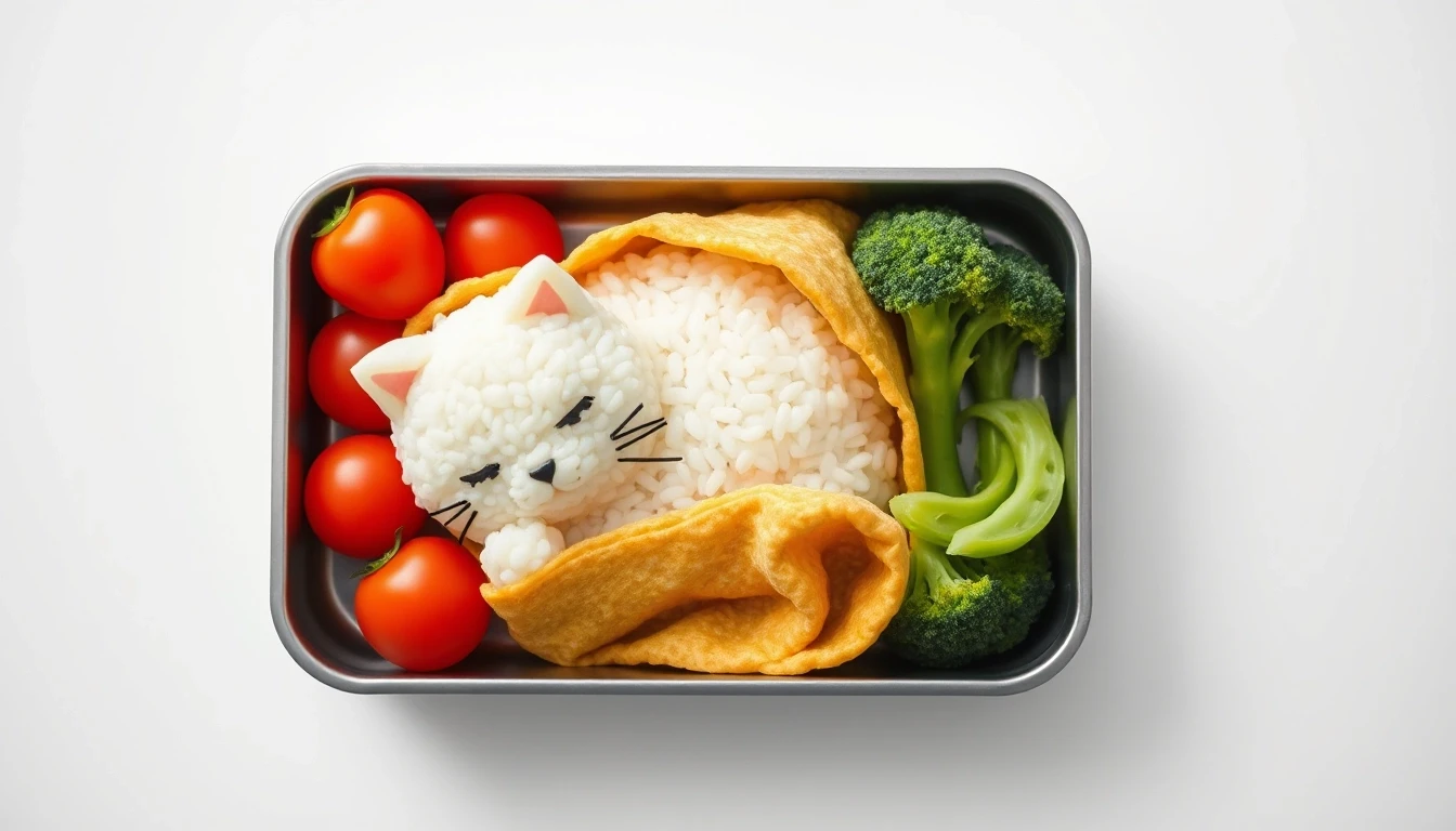 A perfectly arranged Japanese bento box featuring a sleeping cat made of fluffy white rice, with nori details for its eyes and whiskers, snuggled under a blanket made of a thin…