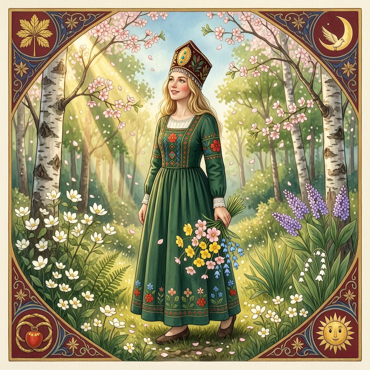 Russian Russians: A detailed portrait of a young woman of Slavic appearance from the 16th century in a traditional long Russian sundress and a traditional Russian cocoanut…
