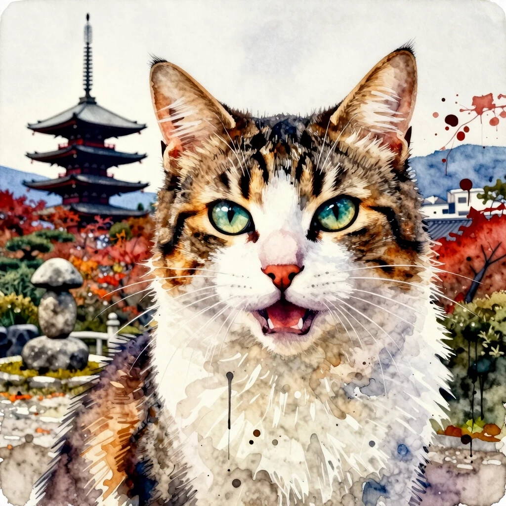 A masterpiece. The painting is done in watercolors. Double exposure. Portrait of a fabulously beautiful cat. In the background, there are views of Japan at that time: a pagoda,…