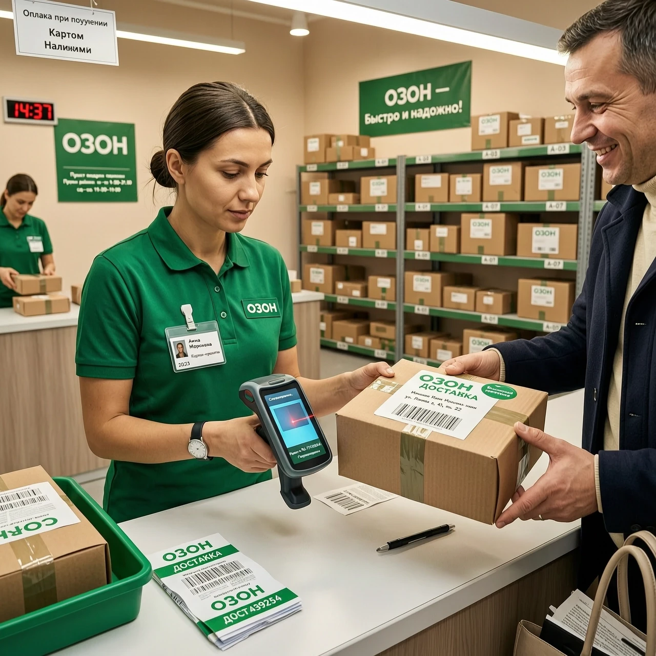 Close-up. An employee in an Ozon green uniform takes a parcel, scans it with a handheld terminal and hands it to a smiling customer over the counter — работа пользователя…