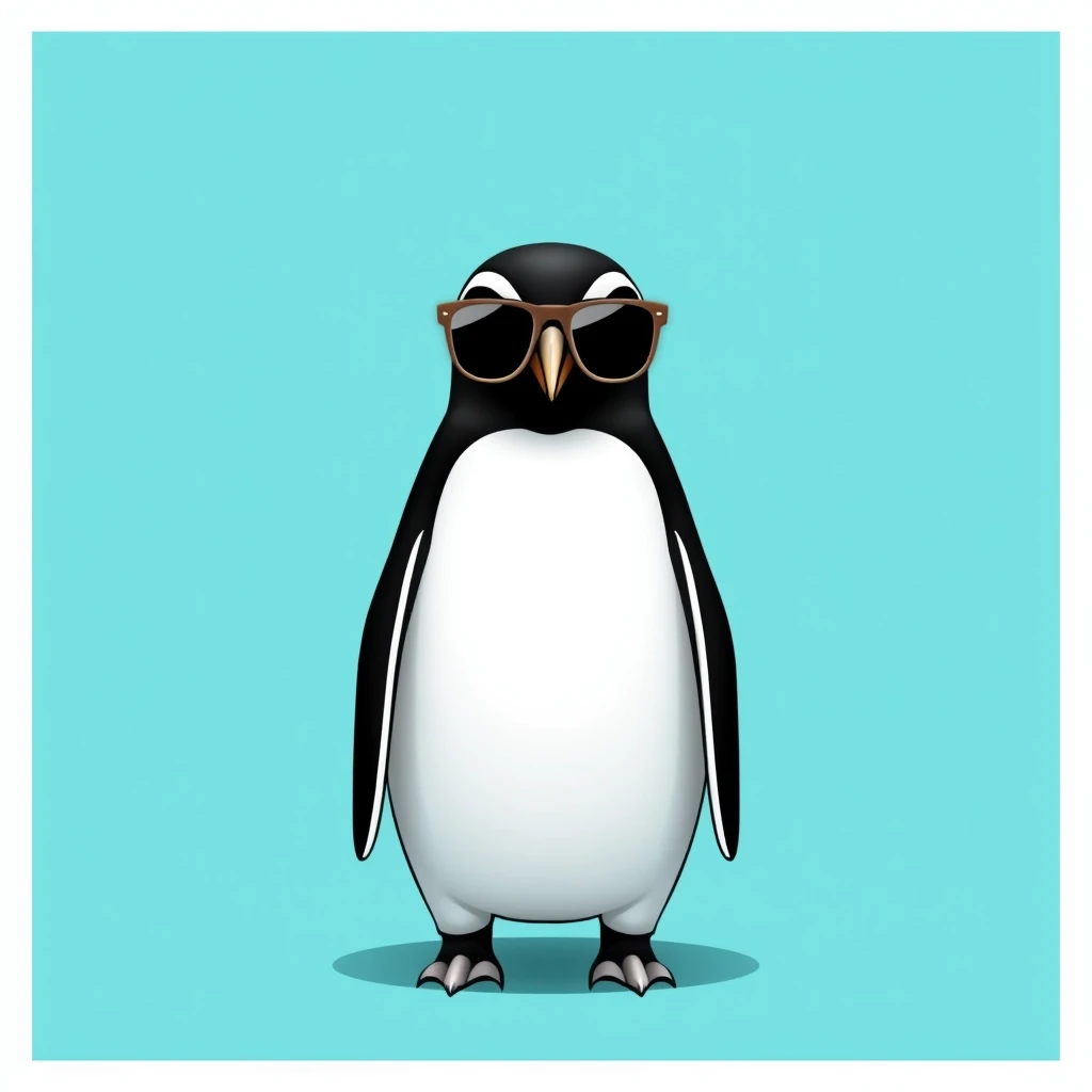 Draw a symmetrical frontal frame in the style of Wes Anderson for the A6 format. In the center is a full—length penguin, he stands straight, compact sunglasses with thin frames…