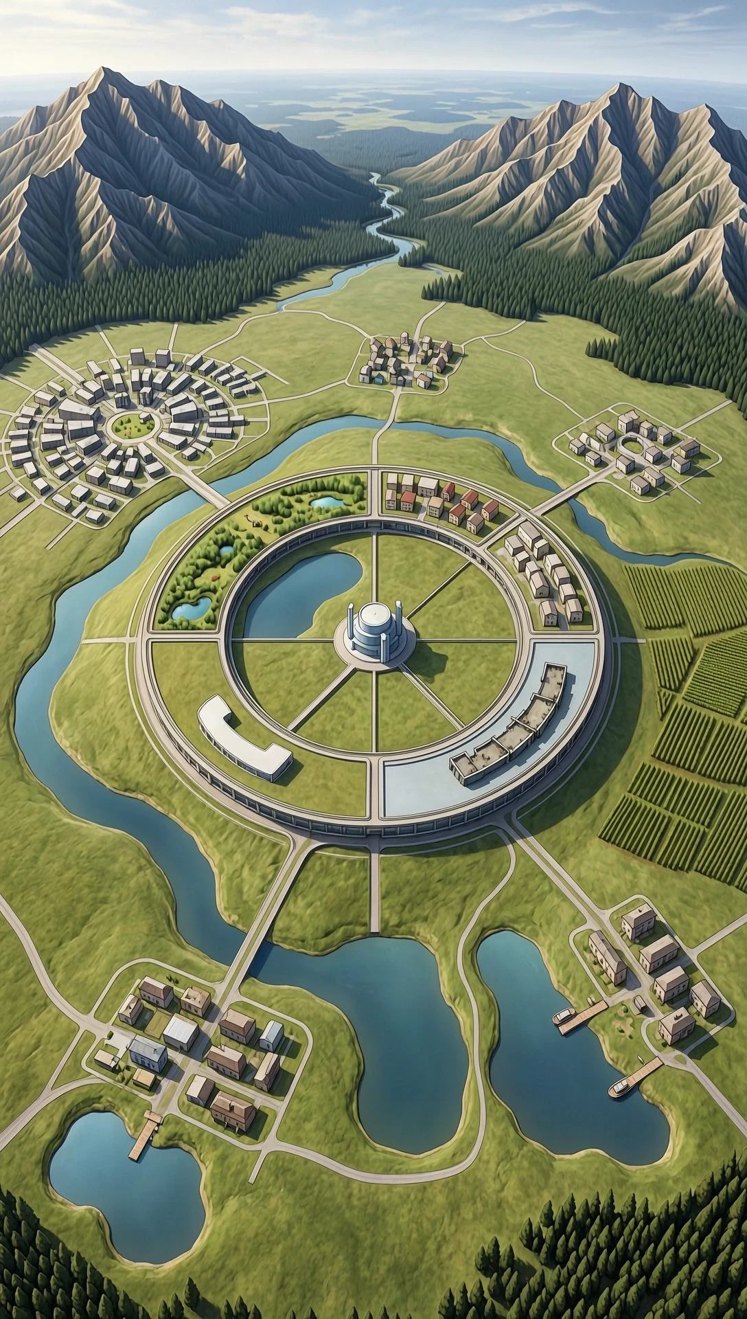 A world shaped like a closed torus (a donut-shaped world). The world is located in the plane of the torus's equator, bordered in the rear half by a mountain range that…