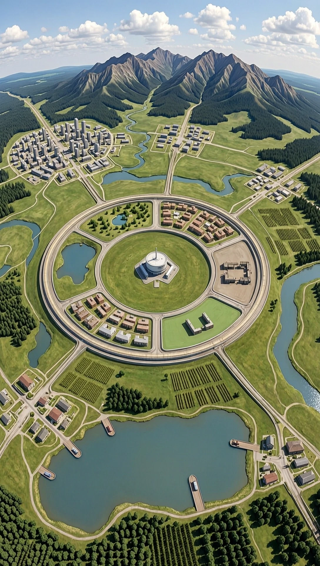A world shaped like a closed torus (a donut-shaped world). The world is located in the plane of the torus's equator, bordered in the rear half by a mountain range that…