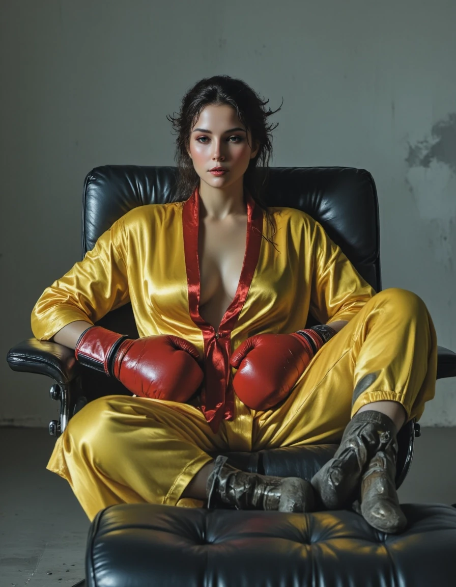 High-fashion editorial: beautiful model, profoundly glamorous exhaustion. Half-reclined in sleek black leather Eames lounge chair, legs stretched on matching ottoman. Yellow…