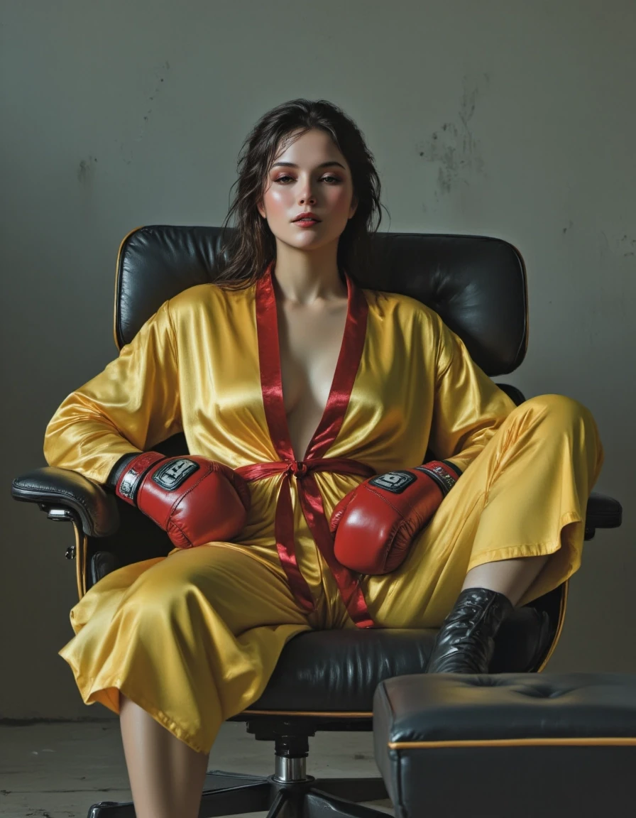 High-fashion editorial: beautiful model, profoundly glamorous exhaustion. Half-reclined in sleek black leather Eames lounge chair, legs stretched on matching ottoman. Yellow…