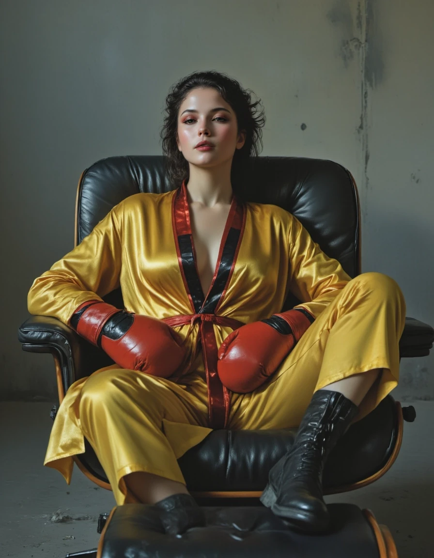 High-fashion editorial: beautiful model, profoundly glamorous exhaustion. Half-reclined in sleek black leather Eames lounge chair, legs stretched on matching ottoman. Yellow…
