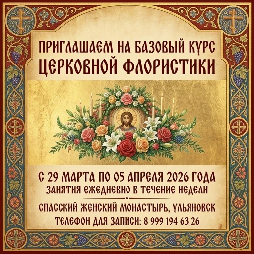 афиша на русском языке в церковном стиле. Мы приглашаем к нам на базовый курс храмовой флористики . с 29 марта по 05 апреля 2026г. Занятия в течение недели , ежедневно. Спасский…