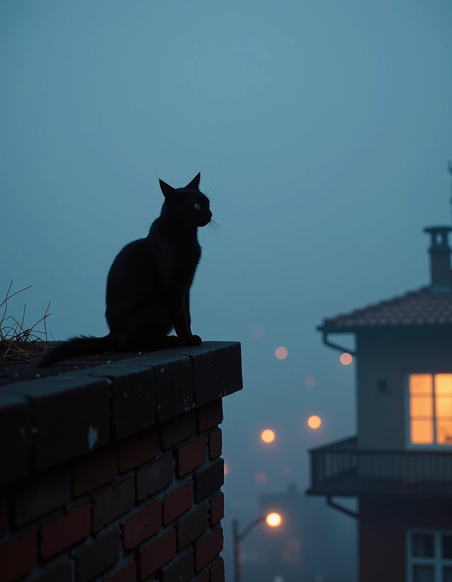 Symbolic moody scene, black cat sitting on rooftop edge, thick fog, distant city lights through mist, cat fading into fog, minimal details, dark blue and grey palette with warm…