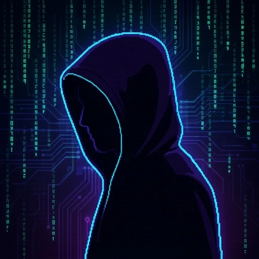 Professional pixel art, side view silhouette of a person in a hood, face completely hidden in deep shadow. Only a thin neon blue rim light outlines the shape. Abstract digital…