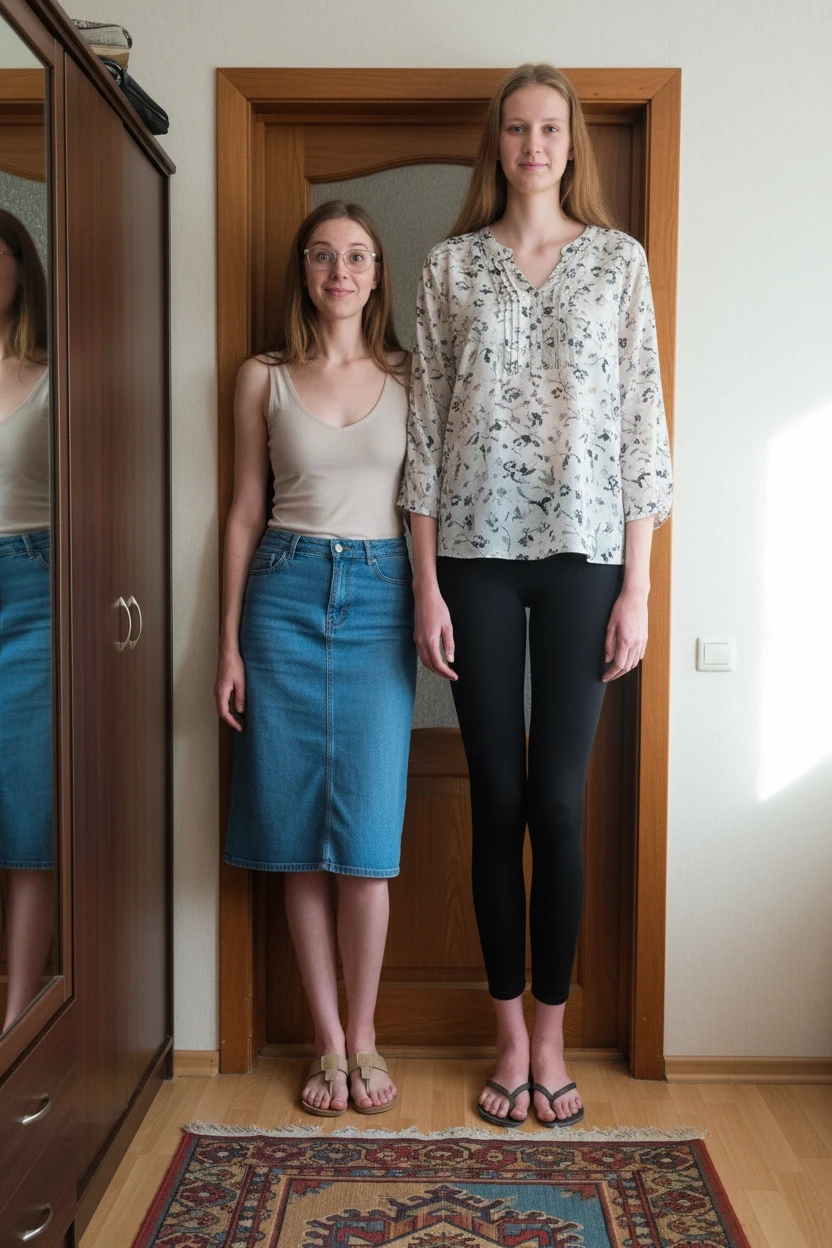 Two friends are standing by the door in a regular apartment in Moscow. They are both very tall, which is the main point of the picture. On the left is Oksana, who is 32 years…