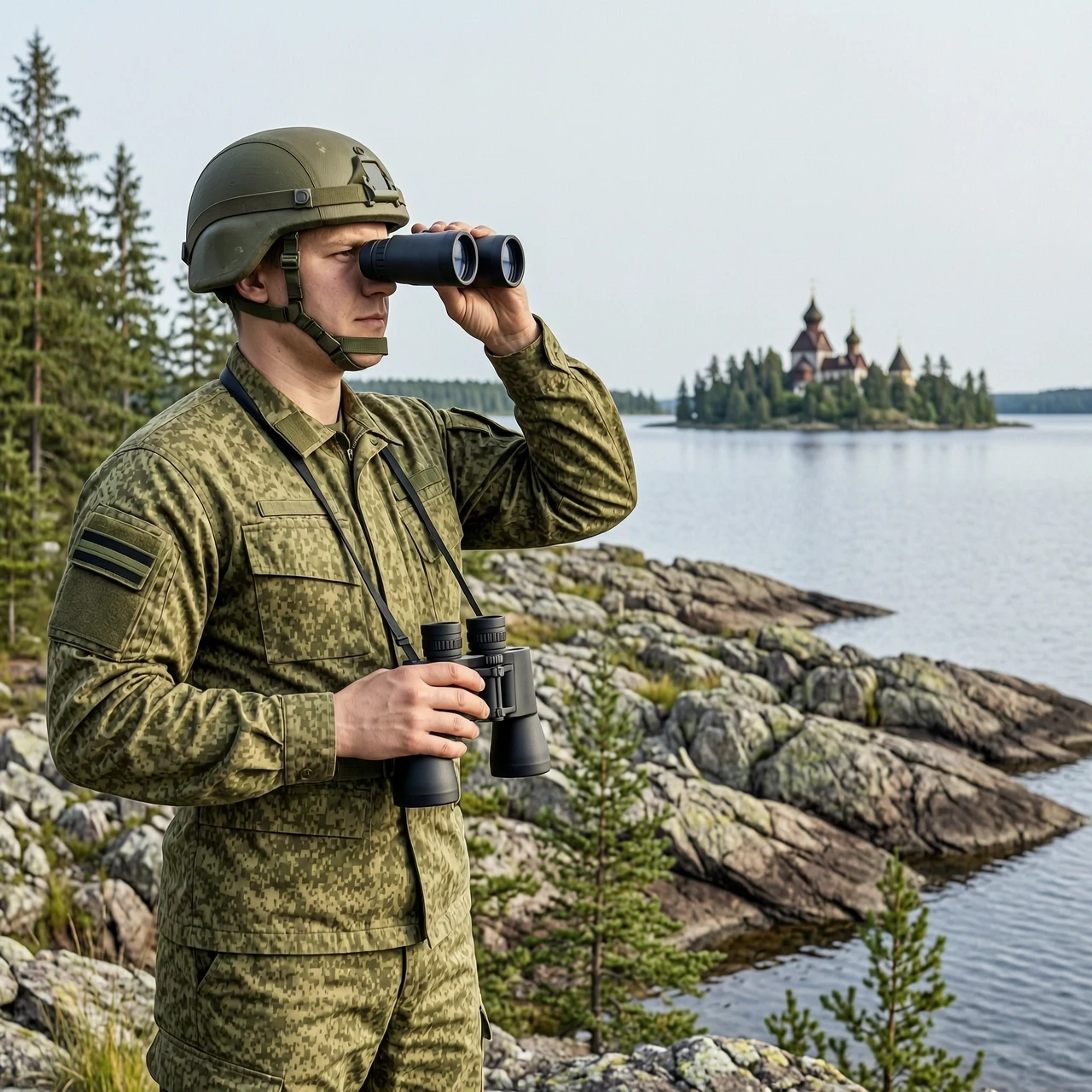Реалистичное изображение, 8k, фотореализм. С левой стороны российский военнослужащий в современной полевой форме установленного образца, разгрузке и тактическом шлеме. Он держит…