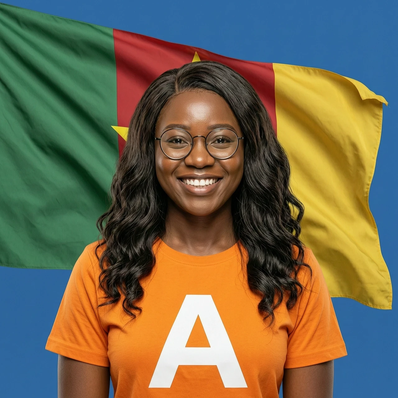 Realistic portrait of a beautiful smiling African woman with long dark wavy hair and round glasses. She is wearing a bright orange t-shirt with a large white letter…