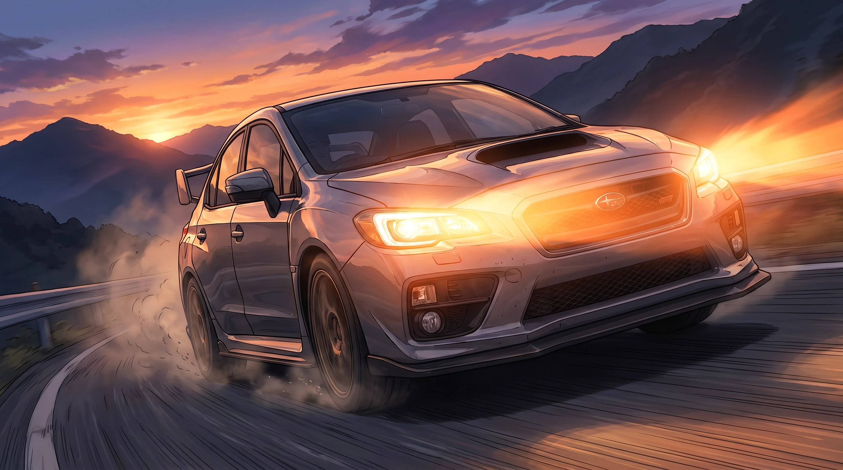 Subaru WRX, едет по дороге, эпичный ракурс, горящие фары, на фоне рассвета, шедевр, крупный план, стиль аниме с реалистичными деталями — работа пользователя Весенний Герой