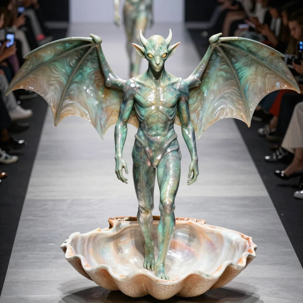 A large statue of a man made of coral shell. The creature sits with its membranous wings spread behind its back, like a greenish bat, Cthulhu. The camera zooms in from above.…