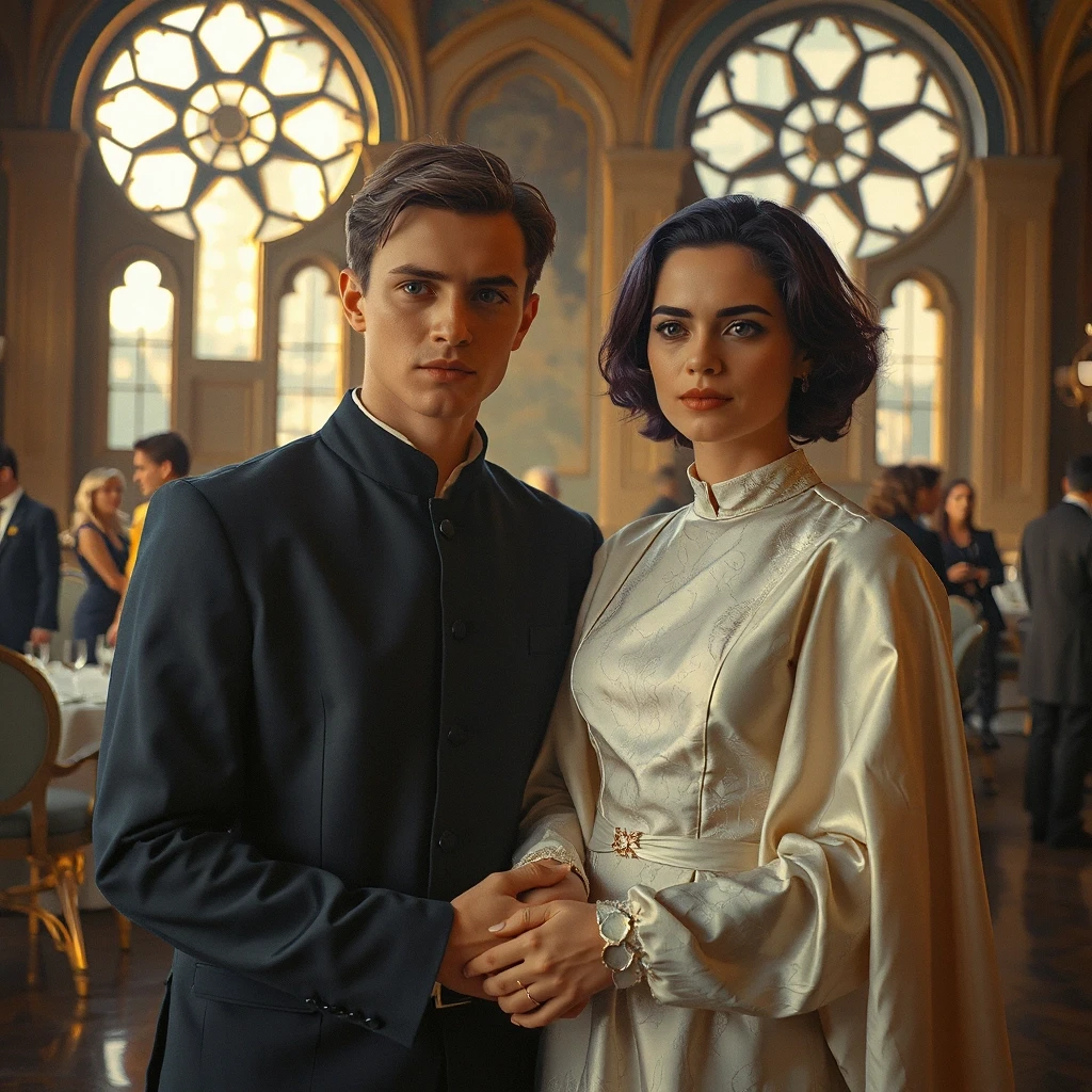 Cinematic film still, live-action movie shot. A handsome young 18-year-old green-eyed male and a beautiful young woman with short stylish purple hair, undercover as an…