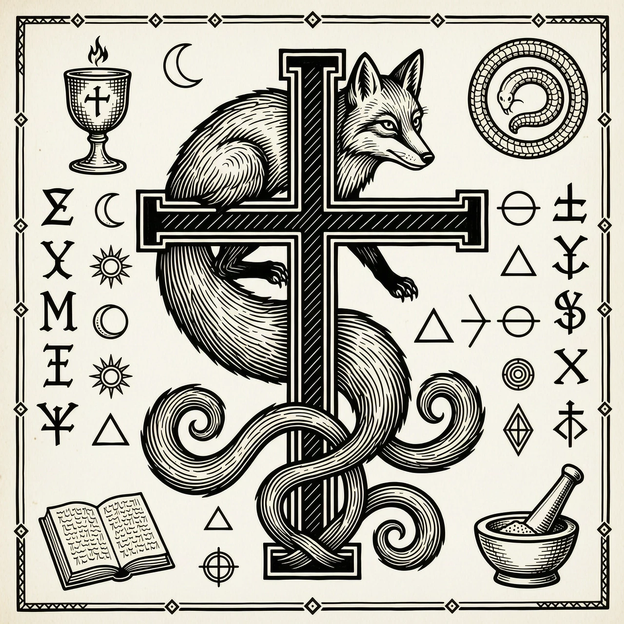 Intricate woodcut engraving tattoo design, alchemical symbol, a central Flamel cross (cross with a horizontal bar at the top), a three-tailed fox wrapped around the cross, the…