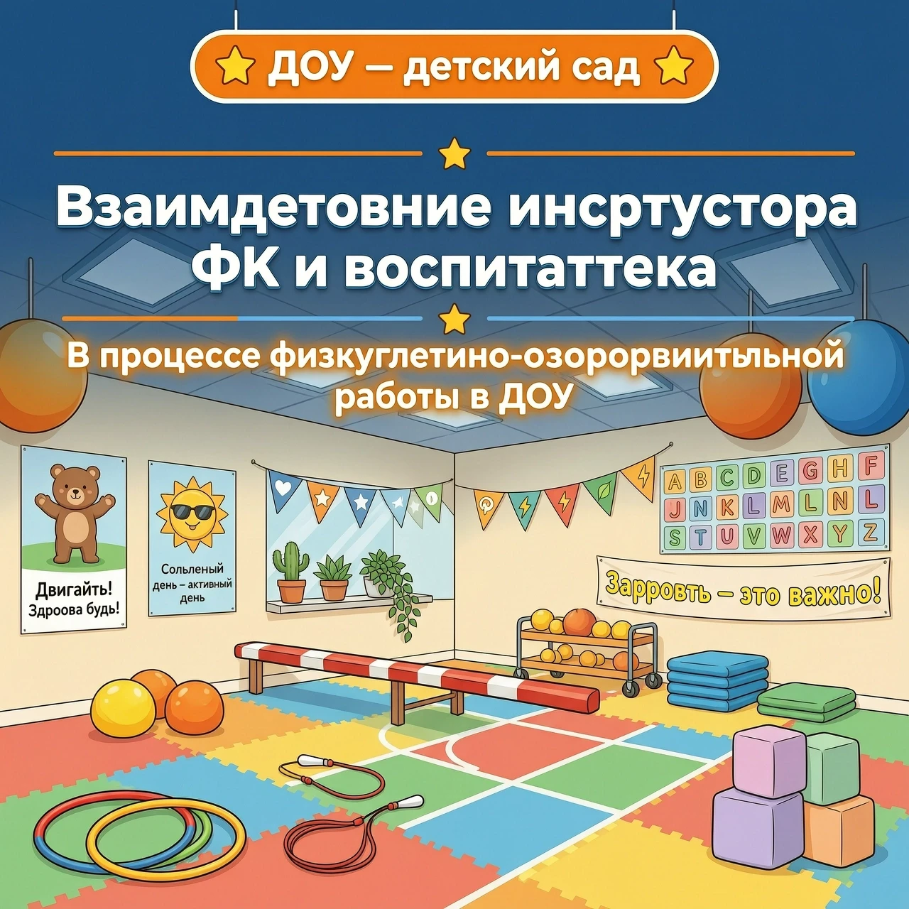 Добавить текст по середине Взаимодействие инструктора ФК и воспитателя В процессе физкультурно - оздоровительной работы в ДОУ Сделать задний фон в виде спорт зал сделать более…