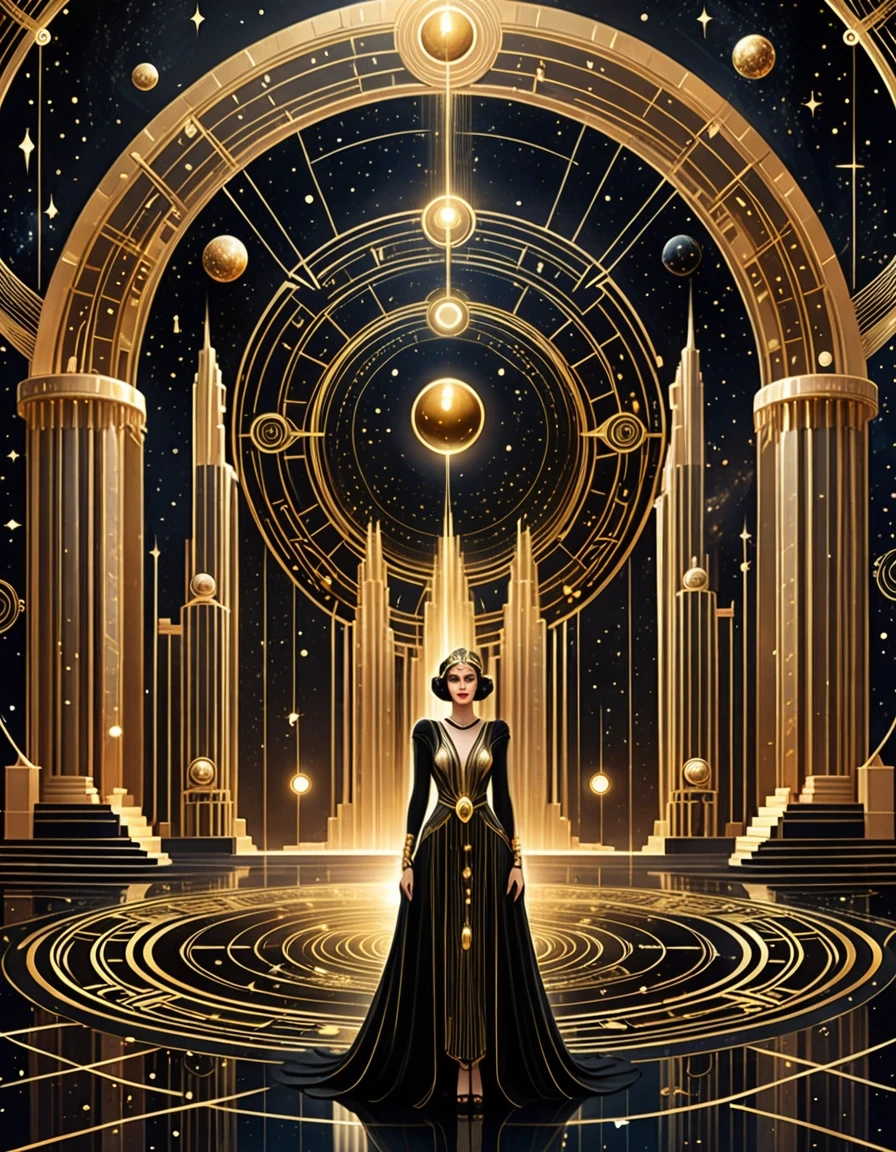 A grand mystical palace in an occult Art Deco style, appearing to exist between the real world and the realm of dreams. At the center of the enormous hall stands a woman wearing…