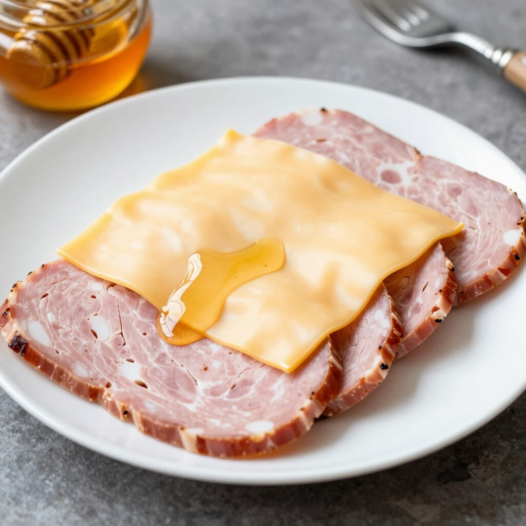 Picture sliced meat and cheese with honey on a plate — работа пользователя Роскошный Порыв