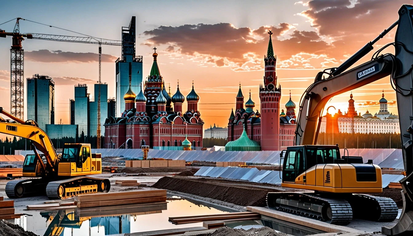 Poster for a construction company. A high‑tech construction site. In the background, a futuristic city made of glass and steel. On the horizon, the outlines of the Moscow…