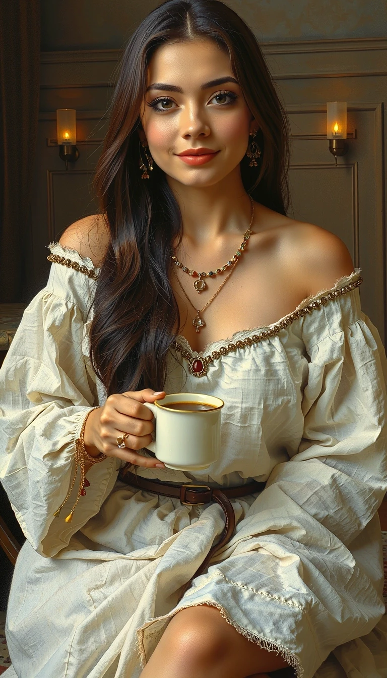 Oil painting, hyperrealism,full-length portrait, close-up, burning brunette beauty, modest smile,sitting with long hair, white linen tunic with ornaments, open shoulders,…