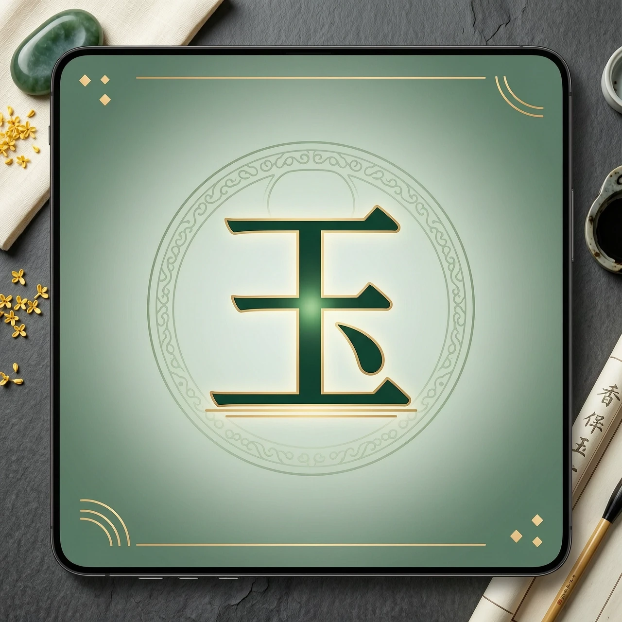 Minimalist video logo: clean and modern design with the character 玉 (yù) in dark green. The background subtly references a jade pendant — use a soft green gradient and a faint…