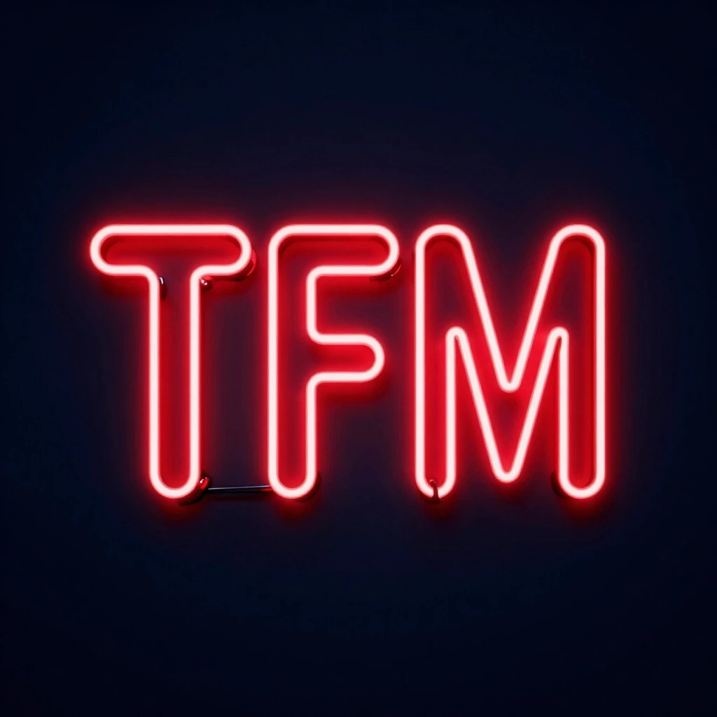 Крупные три заглавные буквы TFM, выполненные в стиле яркой красной неоновой вывески. Буквы плотно сгруппированы по центру, имеют легкое белое свечение по контуру и ярко-красную…