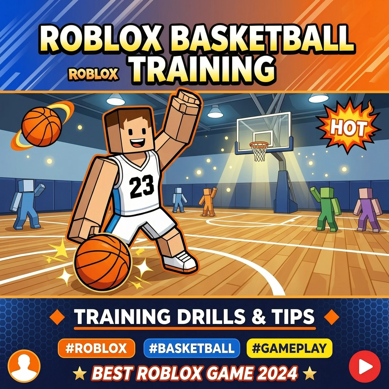 Создай привлекательную превью картинку для Ютуба по теме "Roblox тренировка в баскетбол". Надписи на картинке должны быть на Английском языке — работа пользователя…