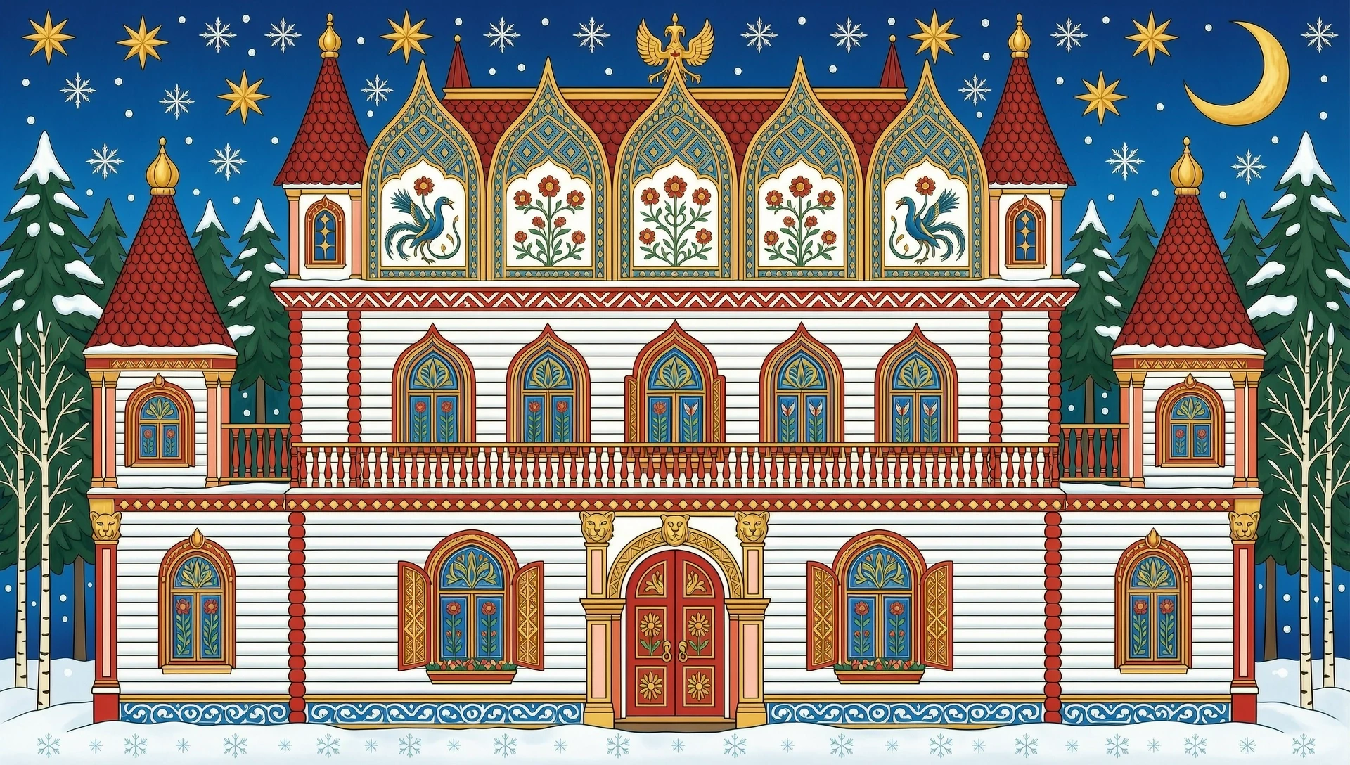 создай рисунок Терем, царская усадьба, 2 этажа, с башнями, кокошниками, аленькими цветочками и жар-птицами на фарфоровых изразцах, построенная в русском народном сказочном стиле…