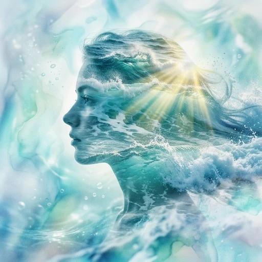 (Double exposure: 1,9). Abstract background (soft colors, marine theme). Seascape (waves, clear water, splashes) inside transparent silhouette of girl's profile. Dissolving…