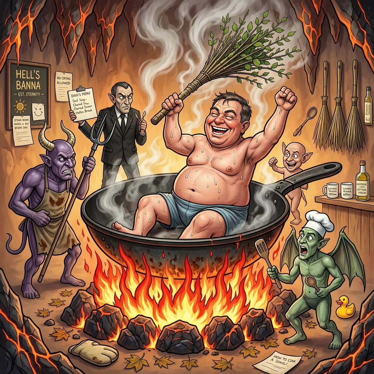 In the style of Jean Baptiste Monge, caricature grotesque humor, devils frying a sinner on a giant frying pan in hell, and the sinner is happily steaming himself with a birch…