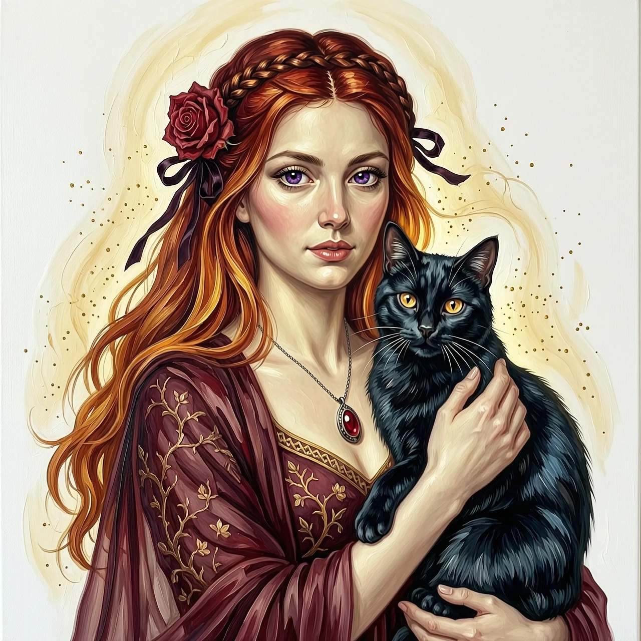 fantasy art , beautiful red woman with big black cat,big expressive eyes, ,radiance delicate sketch on white background ,Enzo Sciotti, oil painting — работа пользователя…