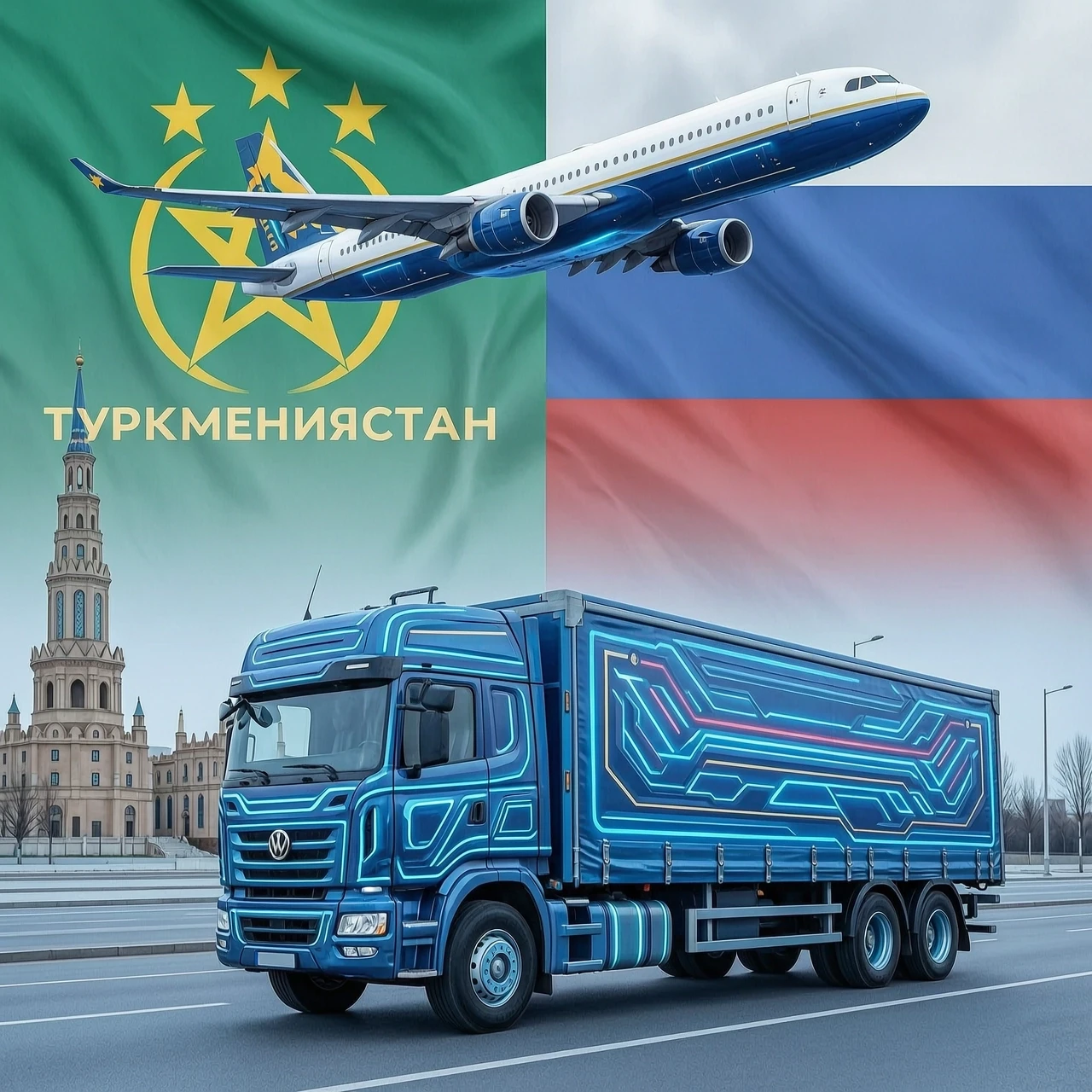 реалистичное изображение , на фоне достопримечательности москы и туркменистана добавить самолет в небе, разместить флаг туркменистана и россии в фоновом режиме, на переднем…