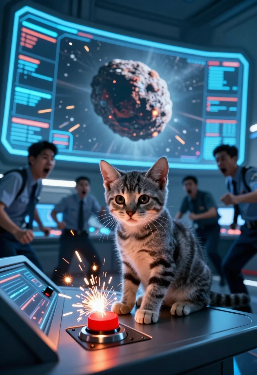 Photorealistic, 8K, cinematic wide shot with extreme depth. A futuristic control room with holographic displays and glowing panels. In the center, a small grey tabby kitten is…
