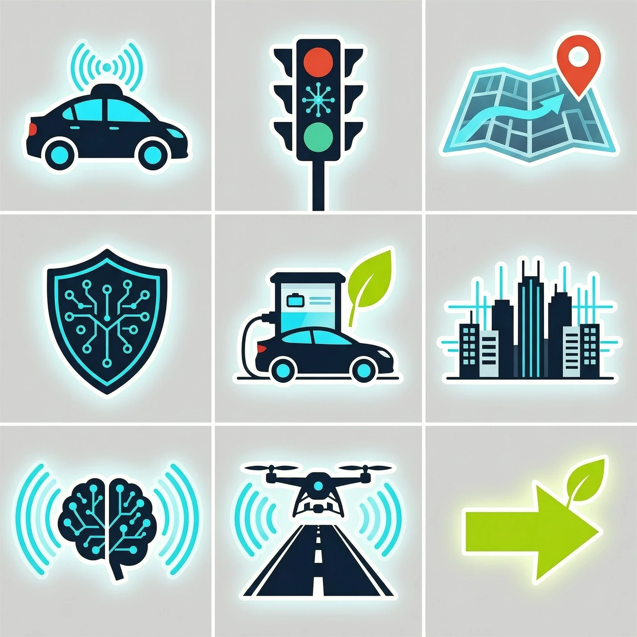 A set of 10 minimalist vector stickers with transparent backgrounds representing abstract themes of NeuroDrive (self-driving cars, smart traffic management, AI, safety,…