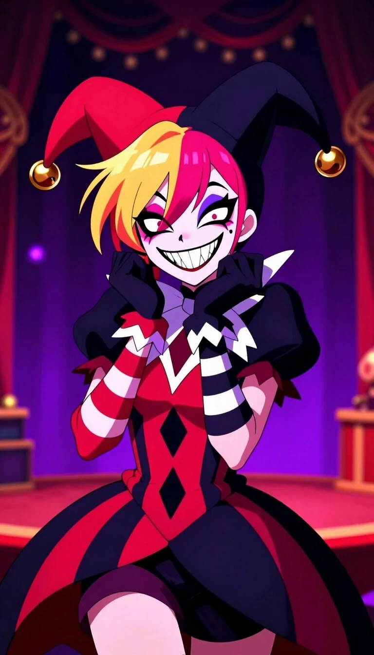 2D digital anime art style, a chaotic female jester character from "The Freak Circus", sharp mischievous grin with pointy teeth, asymmetric vibrant hair, wearing a…