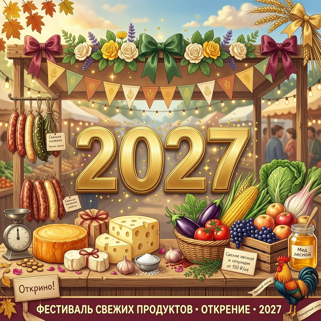 Горизонтальная иллюстрация, соотношение сторон 4:3. Праздничный фермерский рынок, прилавок с натуральной продукцией, украшенный лентами, цветами, флажками. Свежие колбасы, сыры,…