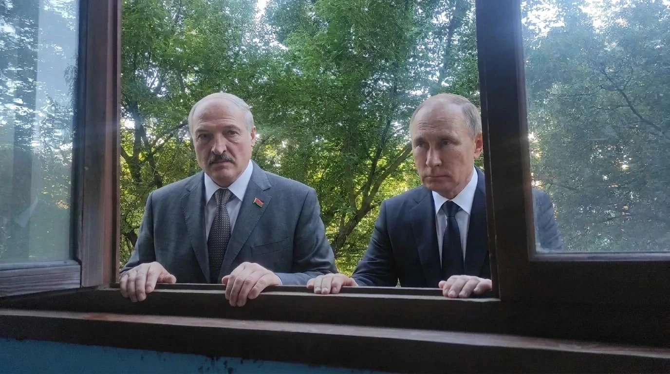 Не изменяя фото, композицию, добавь на фото не изменяя его президента Белорусии Лукашенко который держась за подоконник заглядывает в окно со стороны улицы — работа пользователя…